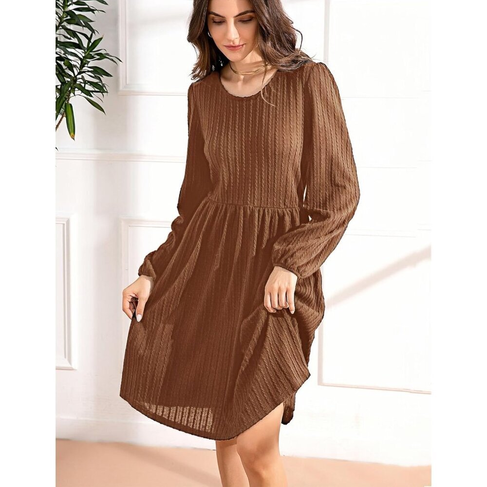 Women's Knit Sweater Dress with Pockets Crew Neck Long Sleeve A-Line - Picture 2 of 6